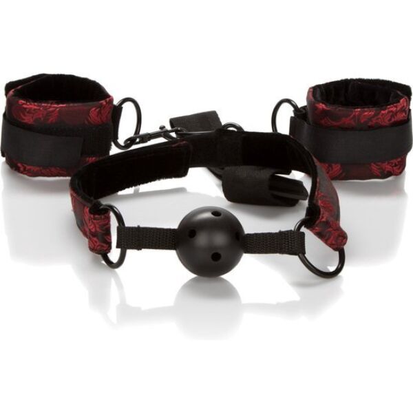 CalExotics Scandal Breathable Ball Gag with Cuffs Ballknebel mit Handschellen, in Schwarz mit rotem Stoff