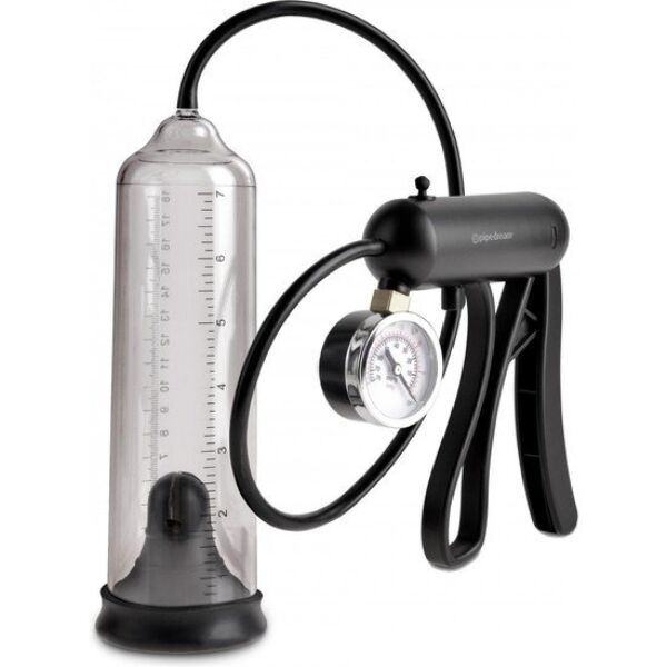 Penispumpe Pump Worx Pro-Gauge von Pipedream mit transparentem Zylinder, Schlauch und Griff mit Manometer