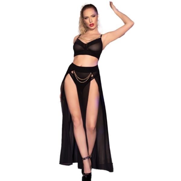 Schwarzes Lingerie-Set Chilirose CR 4672 mit Top, Rock und String mit goldenen Ketten