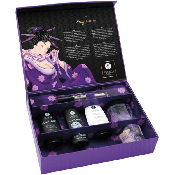 Shunga Naughtier Kit mit den fünf Intimkosmetik-Produkten und der Geschenkbox