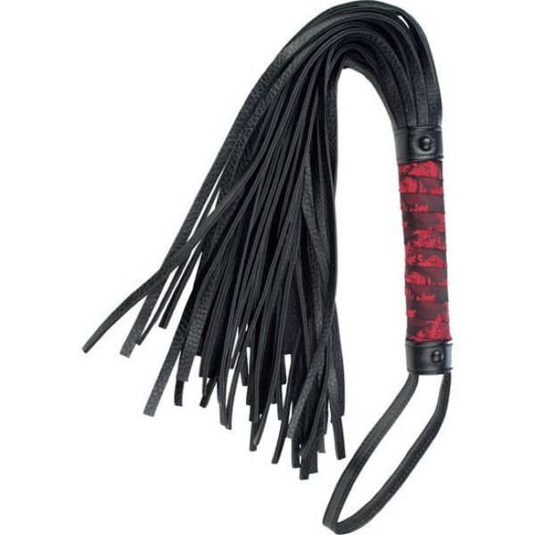 CalExotics Scandal Flogger mit rotem und schwarzem Stoffgriff und schwarzen Riemen