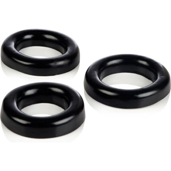 Die drei schwarzen Ringe des CalExotics COLT 3 Ring Set in drei Grössen
