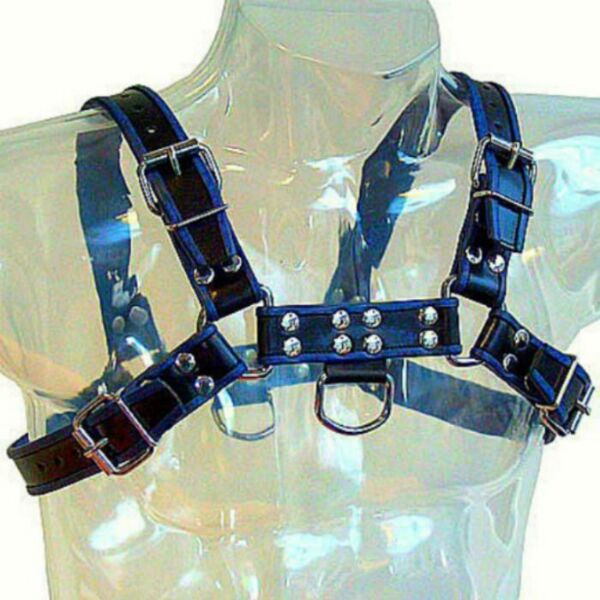 Herren-Harness Leather Body Chest Bulldog in Blau und Schwarz, mit Riemen und Metallketten
