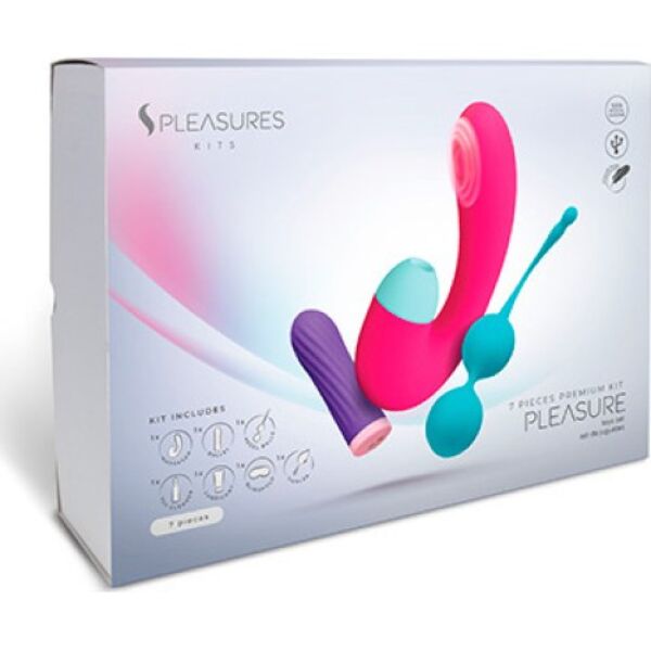 Sextoy-Set S Pleasures Pleasure Kit mit Bullet-Vibrator, Doppelstimulator, Kegelkugeln, Gleitgel, Reiniger, Feder und Augenmaske