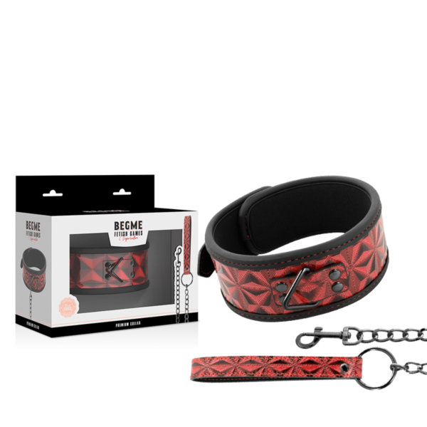 BDSM-Halsband Begme Red Edition aus veganem Leder mit Metallkette, Halsring und Leine