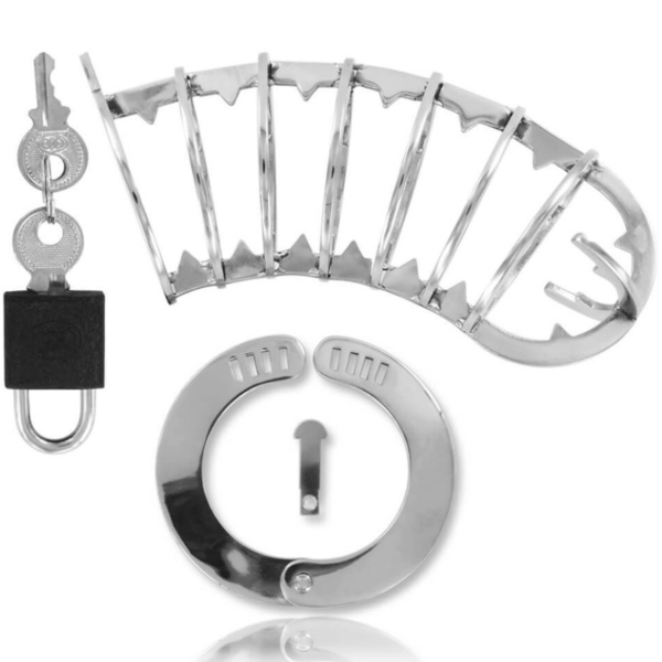 Keuschheitskäfig Metal Hard 14 cm aus sieben Ringen, mit Ring und Vorhängeschloss