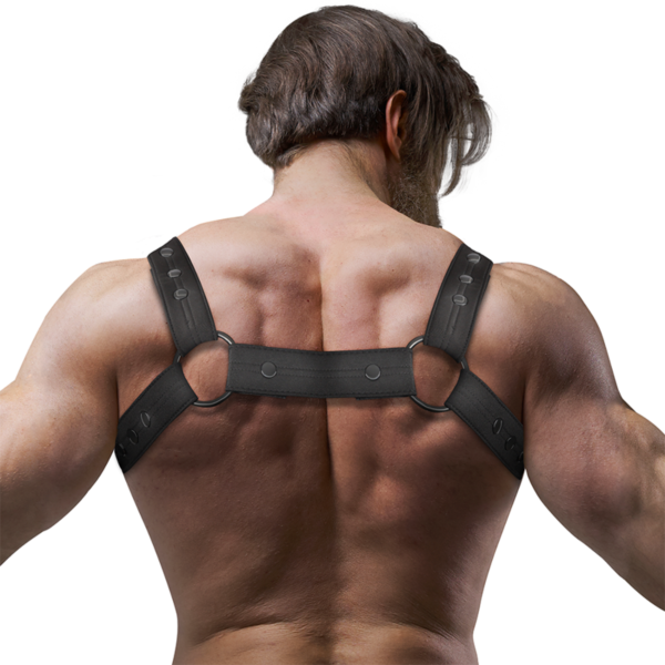Brust-Harness Fetish Submissive Attitude aus veganem Leder, mit Riemen über Schultern und Brust