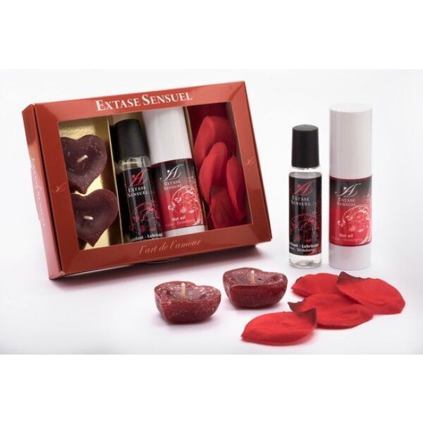 Extase Sensuel Erotik-Set Erdbeere mit Hot Oil, Gleitgel, Rosenblütenblättern und Schwimmkerzen