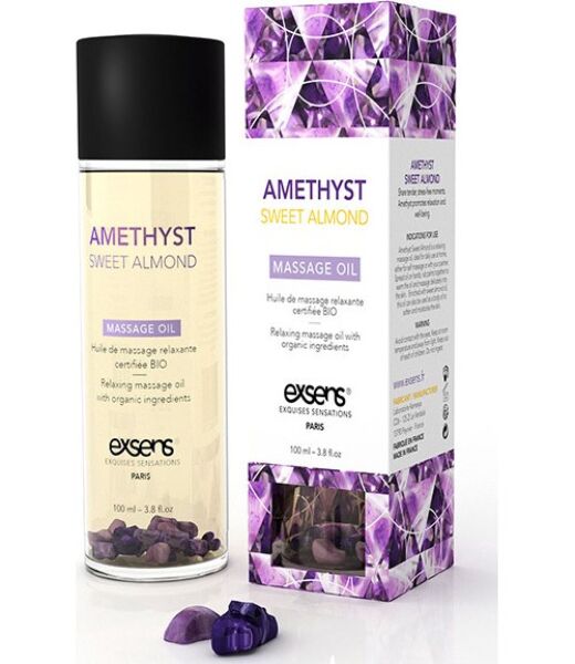 Flasche des Massageöls Exsens Relaxing Oil Amatista 100 ml mit Amethyststeinen darin