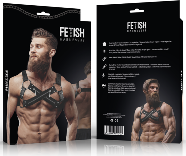 Frontales Brustharness Bulldog von Fetish Submissive für Männer, aus veganem Leder mit mehreren Riemen