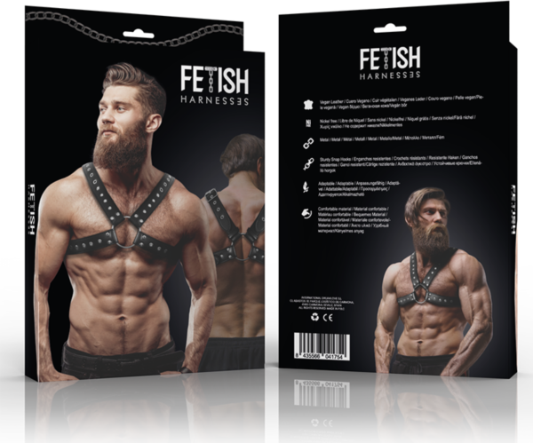 Brustharness Fetish Submissive Attitude aus veganem Leder, mit gekreuzten Riemen über dem Oberkörper