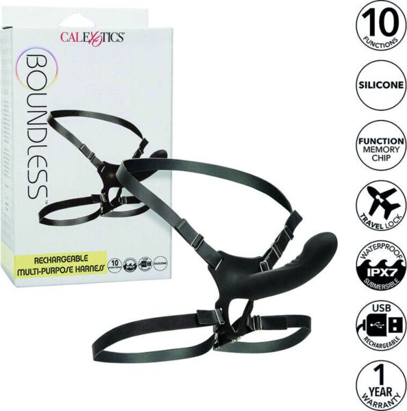 CalExotics Boundless Strap-on mit gebogener Vibratorsonde sowie Hüft- und Beingurten