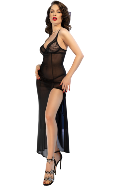 Langes schwarzes Spitzen-Negligé Chilirose CR 4723 mit passendem Tanga