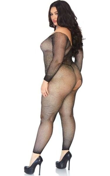 Schwarzes Netz-Bodystocking Leg Avenue Plus Seamless Fishnet mit langen Ärmeln und Strass