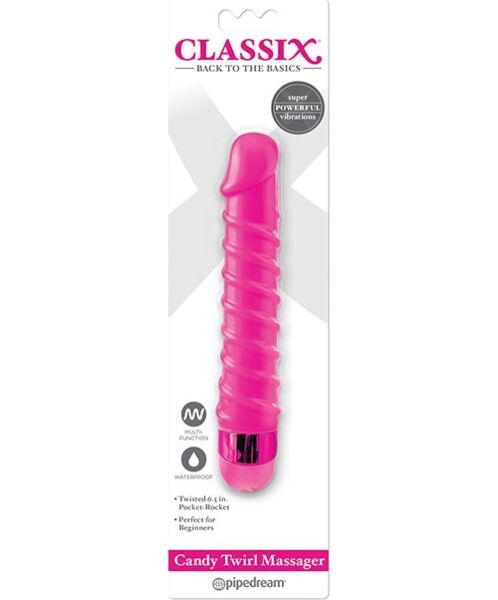 Pinker Vibrator Pipedream Candy Twirl mit spiralförmig gerilltem Körper und Drehregler am Fuss