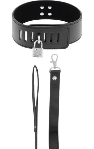 Halsband Darkness mit Schloss, in Schwarz, mit Kette und Griff