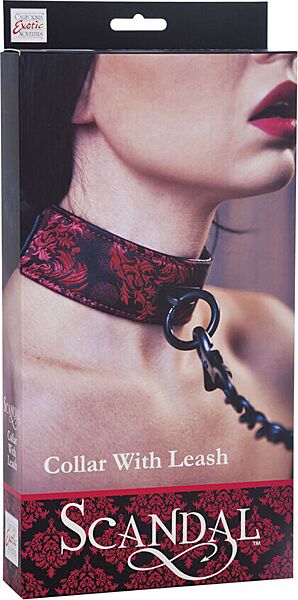 CalExotics Scandal Halsband, wendbar, mit Kettenleine und rot-schwarzem Brokat