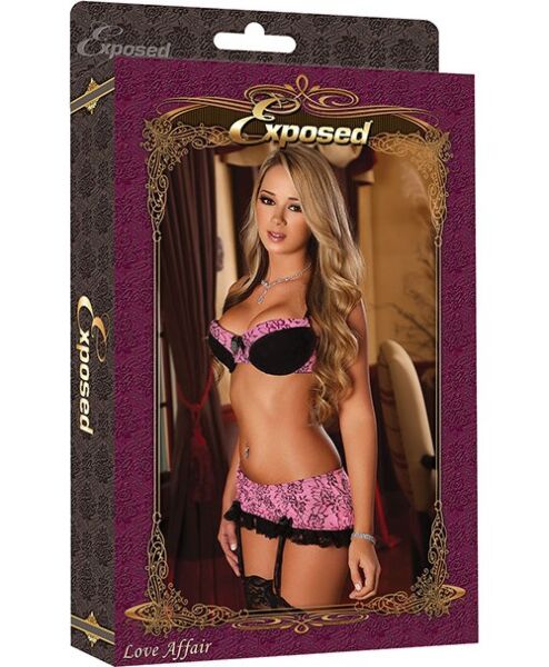 Dessous-Set Exposed Bra & Skirt Set Pink mit BH, Tanga und Strapsrock in Rosa mit Blumenmuster und schwarzer Spitze