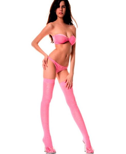 Dessous-Set Music Legs Lurex rosa mit trägerlosem Top, Tanga und Strümpfen