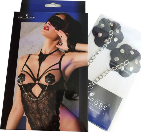 Schwarze Nipple Covers Chilirose CR 4675 mit Nieten und silberfarbener Kette