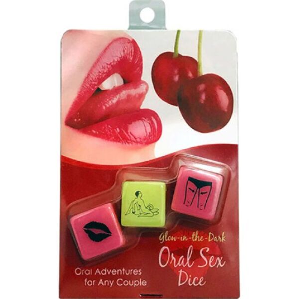 Die drei Sexwürfel Kheper Glow-in-the-Dark Oral Sex Dice, zwei rosa und ein grüner