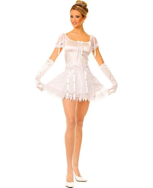 Weisses Music Legs Ballerina-Kostüm S/M mit glänzendem Satinkleid und Satinhandschuhen