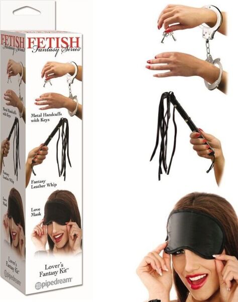 Pipedream Lover's Fantasy Kit mit Lederpeitsche, Metallhandschellen samt Schlüssel und Satinmaske