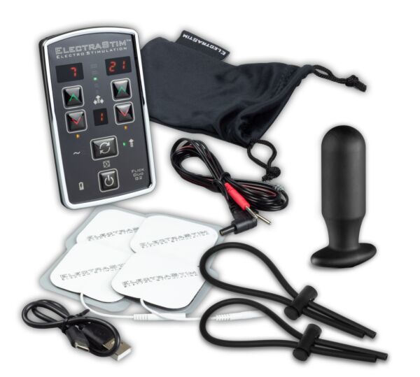 ElectraStim Flick Duo EM80-M Set mit E-Stim-Gerät, Silicone Noir Aura Elektrode, ElectraLoops Ringen und Klebeelektroden