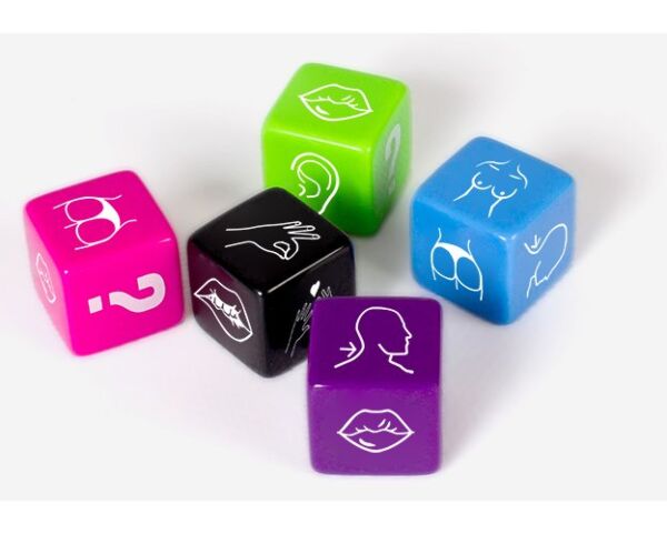 Sexwürfel-Spiel Secret Play Party Play mit schwarzem Würfel und vier farbigen Würfeln