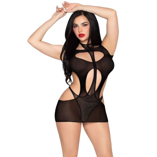 Leg Avenue Main Stage in Schwarz: Minikleid mit Cut-Outs über einem Netz-Body mit Neckholder