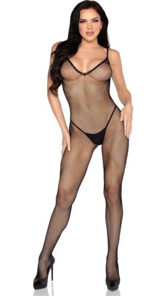 Bodystocking Leg Avenue 89375 aus schwarzem Netz mit Häkeloptik und offenem Schritt