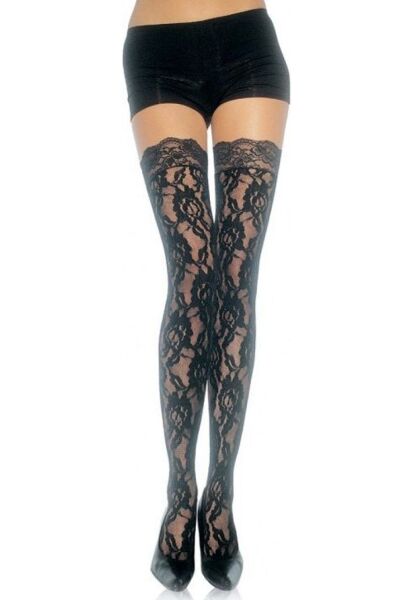 Schwarze Spitzenstrümpfe Leg Avenue Ella Rose mit Rosenmuster, bis zum Oberschenkel getragen
