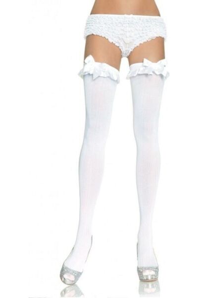 Blickdichte weisse Strümpfe Leg Avenue Devi mit Rüsche und Schleife am Oberschenkel