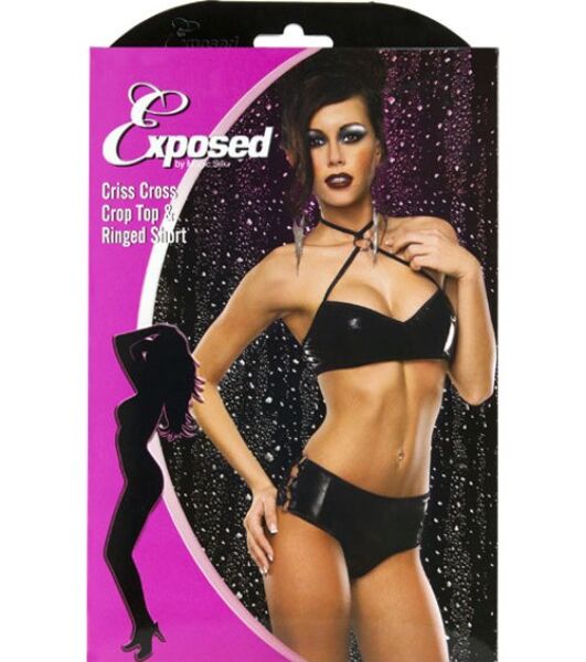 Dessous-Set Exposed Liquid Onyx in Schwarz, mit Crop Top und Boyshort