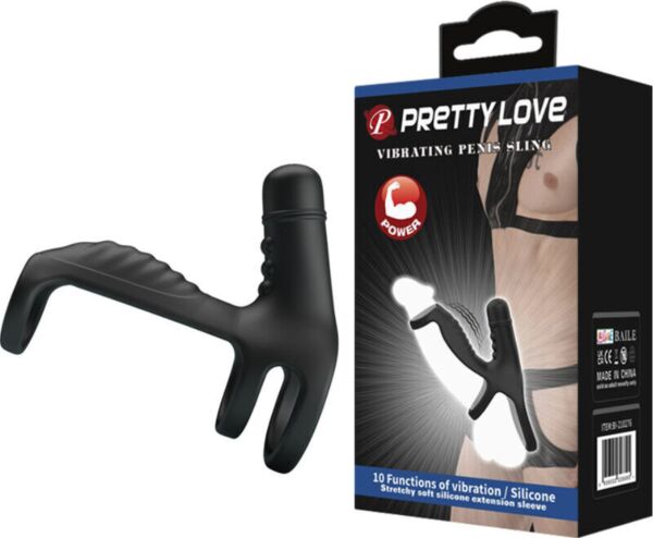 Schwarzer Pretty Love Vibrating Penis Sling mit elastischer Penishülle, Ringansatz und Noppen