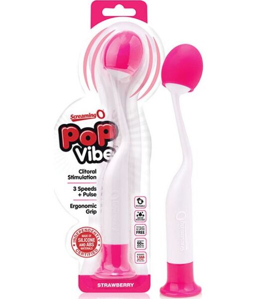 Massagestab Screaming O PoP Vibe Strawberry in Rosa und Weiss mit flexiblem Kopf