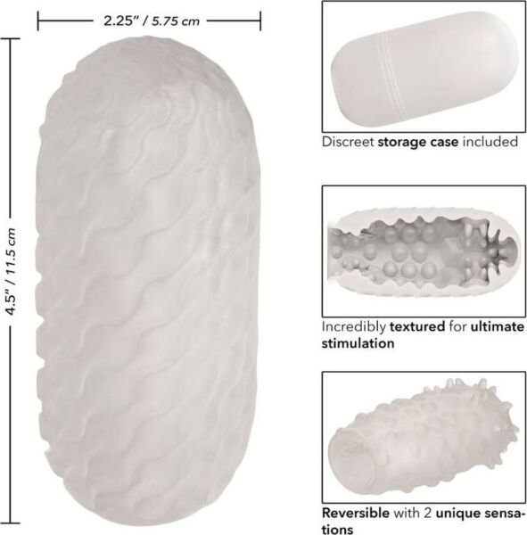 Weisser CalExotics Boundless Reversible Nubby Stroker Masturbator neben seiner Box
