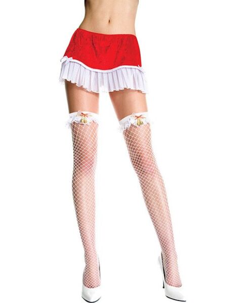 Weisse Netzstrümpfe Music Legs Campanilla mit Schleife und Glöckchen am Strumpfband