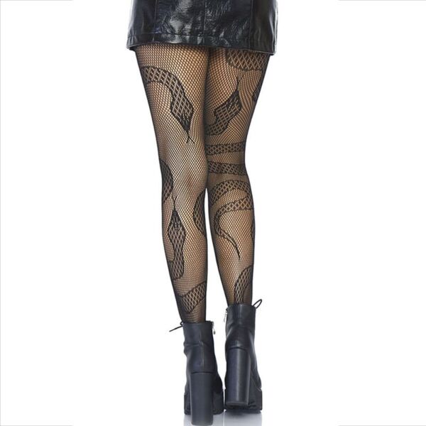 Schwarze Netzstrumpfhose Leg Avenue Snake Net Tights mit Spitzenschlangen auf dem Netz