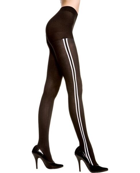 Schwarze blickdichte Strumpfhose von Music Legs mit weissen Streifen an den Seiten