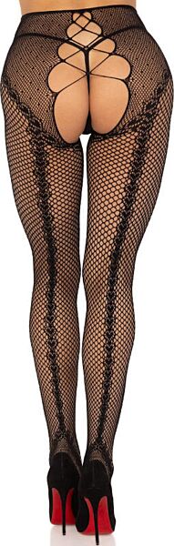 Schwarze Ouvert-Netzstrumpfhose Leg Avenue Karma mit Rückennaht und Herz