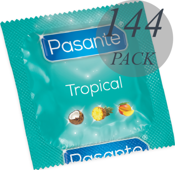 Packung mit 144 Pasante Tropical Kondomen mit Geschmack nach Mango, Ananas und Kokos