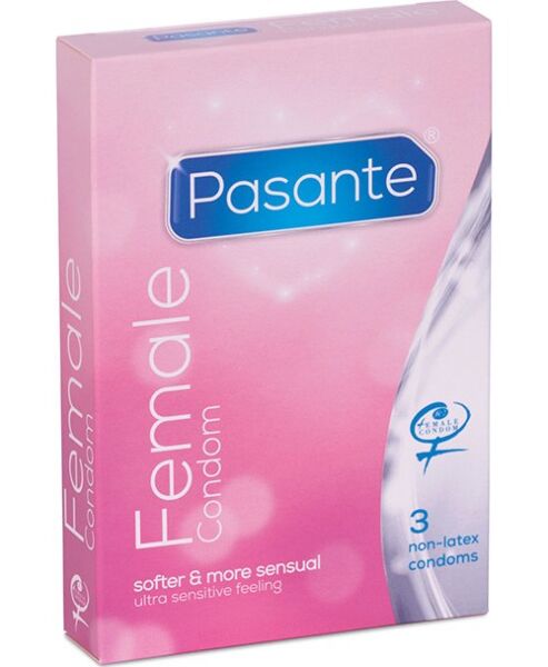 Packung mit 3 internen Kondomen Pasante Internal Condom und einer Einzelverpackung