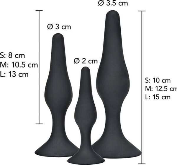 Drei Analplugs ToyJoy Curvy Companions Kit in verschiedenen Grössen, gebogen und mit breitem Fuss