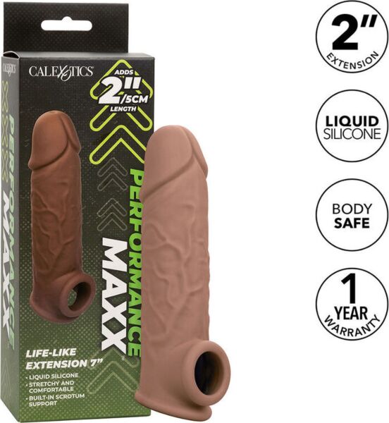Hohle Penishülle CalExotics Performance Maxx Life-Like 7 in dunklem Hautton mit integriertem Hodenband
