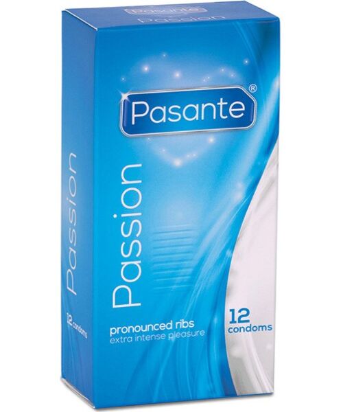 Packung mit 12 Pasante Passion Kondomen mit Noppen und Rillen