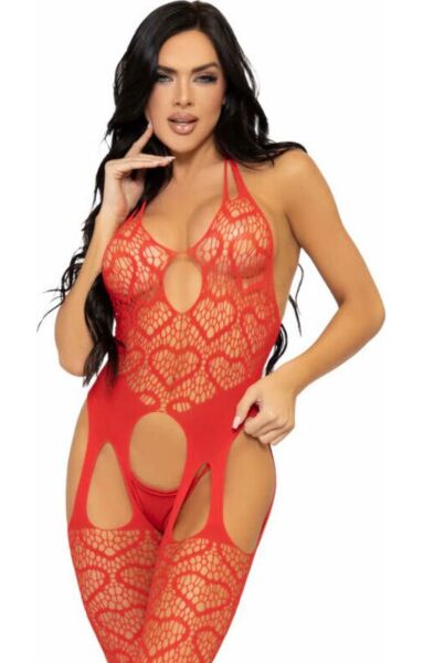 Bodystocking Leg Avenue Love Hangover aus Netz mit Herzen, mit Neckholder-Top und Strapsen
