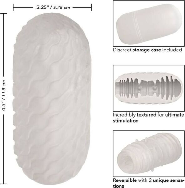 Weisser Masturbator CalExotics Boundless Reversible Ribbed Stroker neben seiner Box