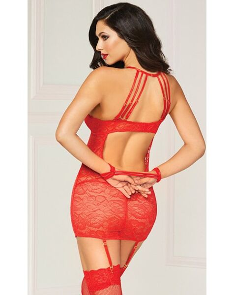 Dessous-Set Chemise Set Seven 'til Midnight in Rot, Strapskleid aus Spitze mit Halterausschnitt und passenden Handschellen