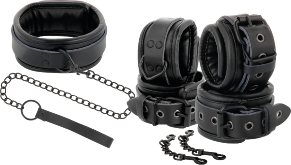 Bondage-Set Darkness aus Leder mit Halsband, Handschellen und Leine